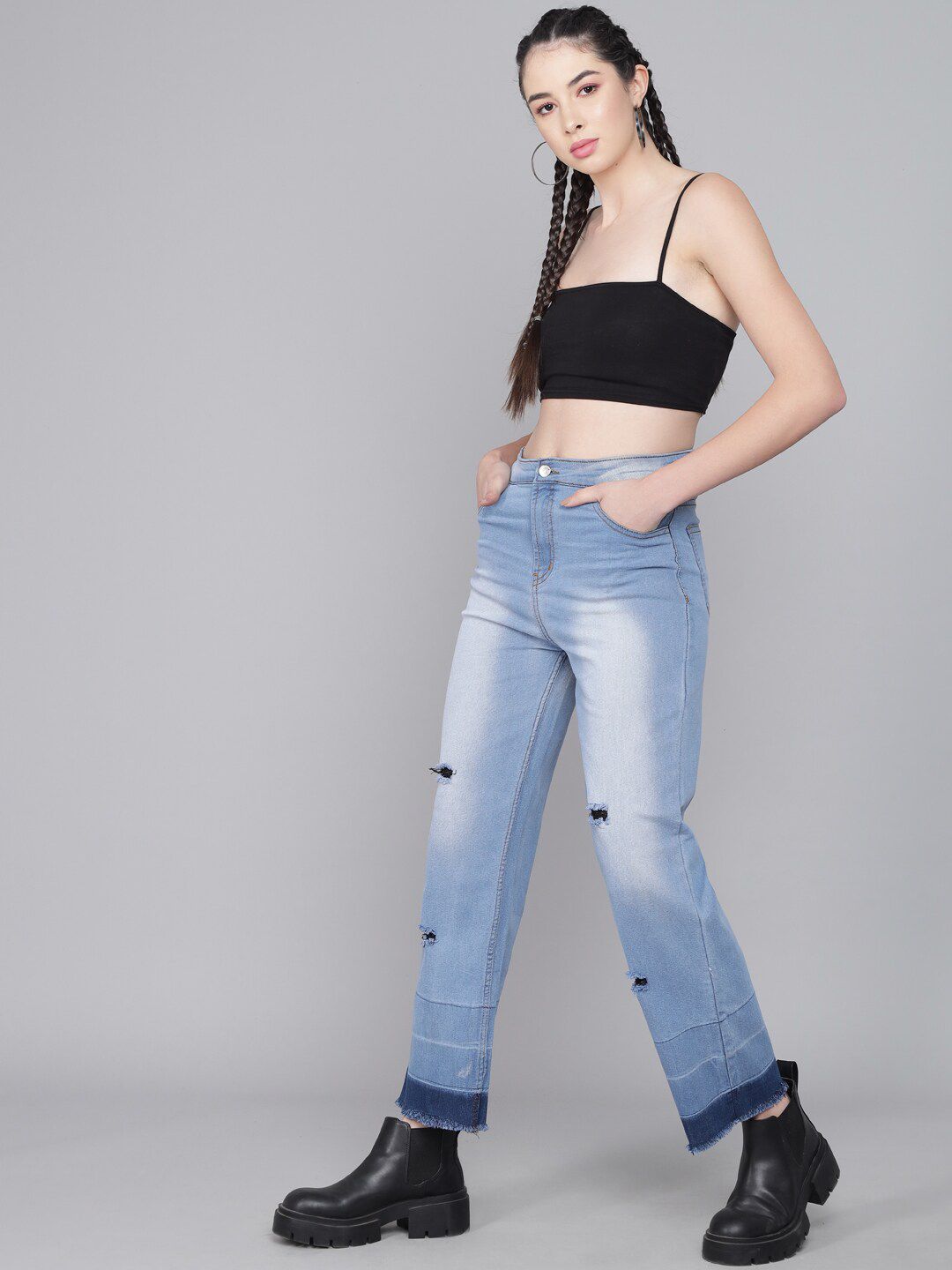 Kotty Women Blue Flared High-Rise Low Distress Heavy Fade Jeans