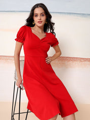 Kotty Women Solid Sweetheart Neck Puff Sleeve A-Line Midi Dress