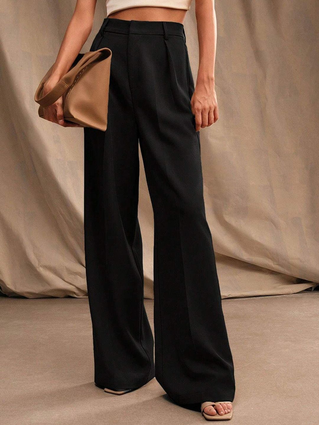 Kotty Women Relaxed Straight Fit High-Rise Pleated Wide Leg Trousers