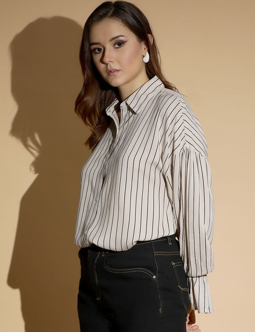 Kotty Women Comfort Spread Collar Vertical Striped Cotton Oversized Casual Shirt