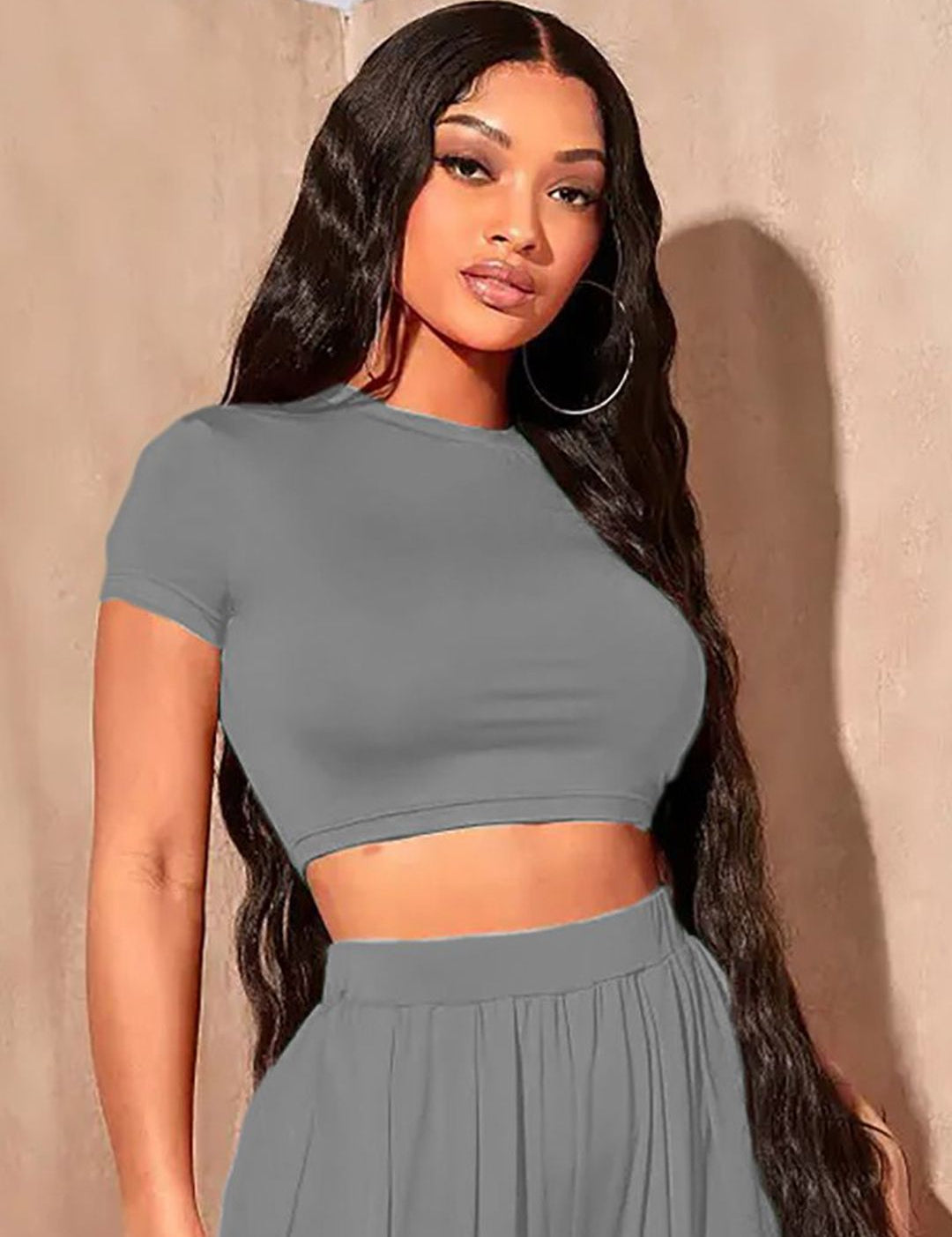 Kotty Round Neck Crop Top With Wide-Leg Trousers Co-Ords