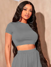 Kotty Round Neck Crop Top With Wide-Leg Trousers Co-Ords