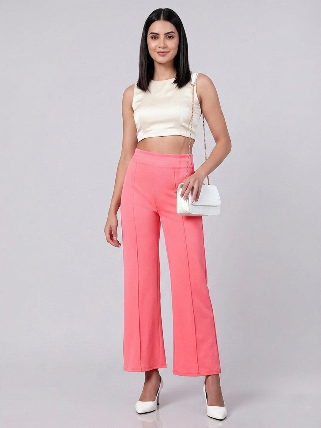 Pink Regular Fit High-Rise Trousers for Women – Trendy Solid Design | Kotty