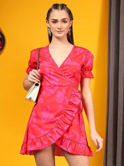 Kotty Women Abstract Printed Puff Sleeve Wrap Mini Dress