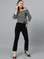 Kotty Women Floral Print Off-Shoulder Puff Sleeves Crepe Top