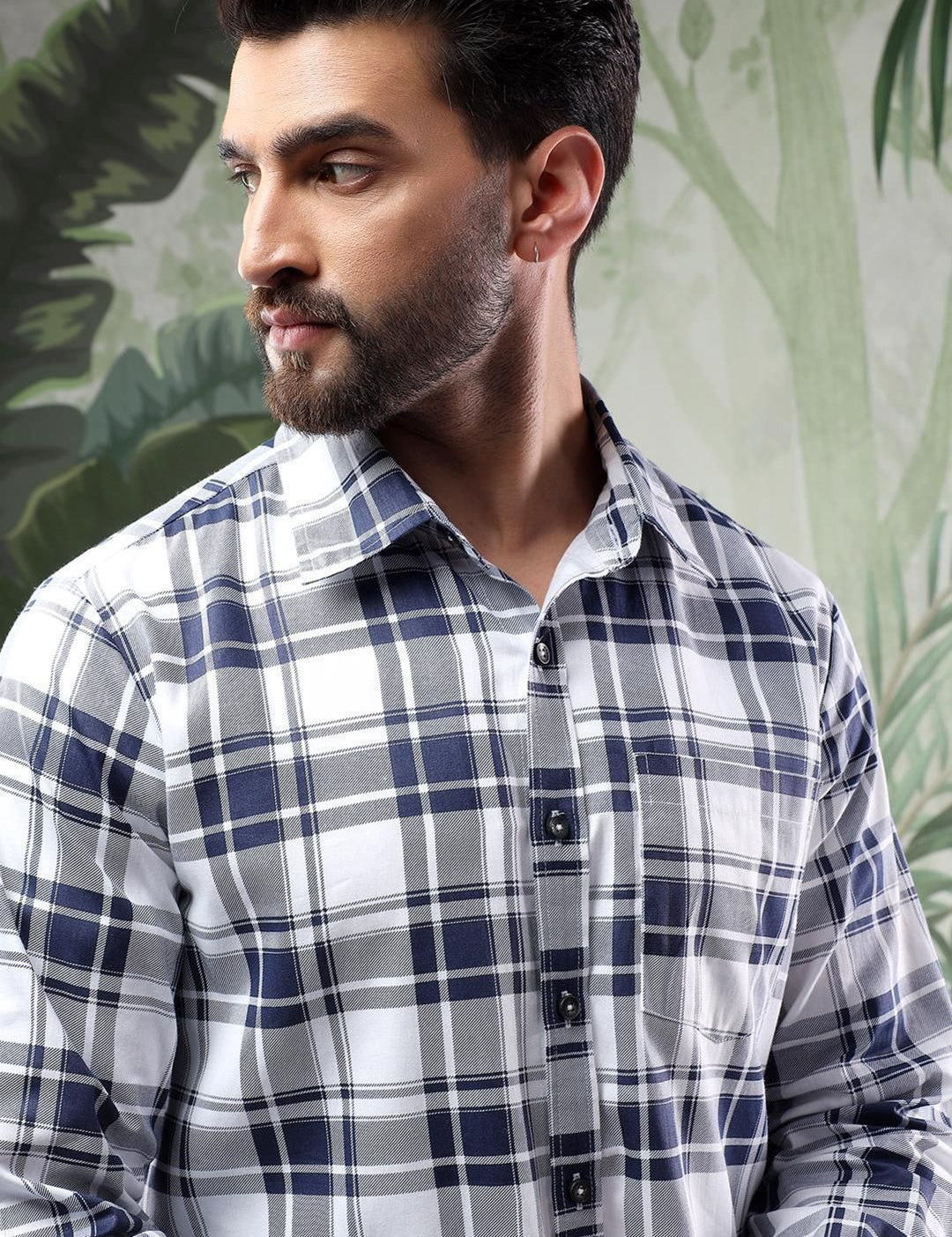 Kotty Men Spread Collar Tartan Checked Casual Shirt