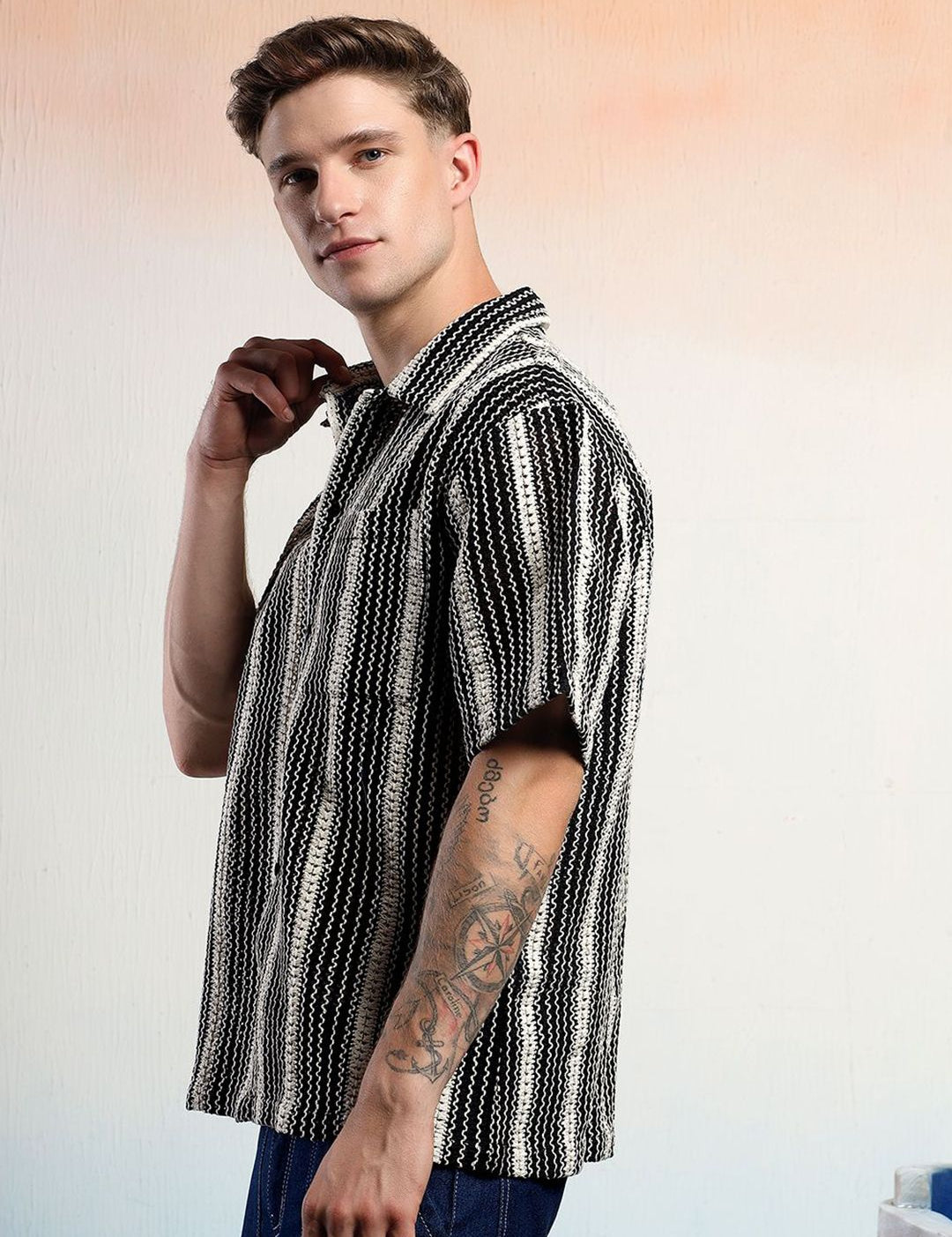 Kotty Men Monochrome Striped Cotton Shirt