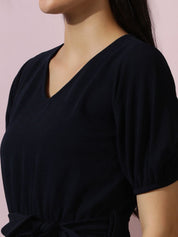 Kotty Women Solid Puff Sleeve A-Line Dress