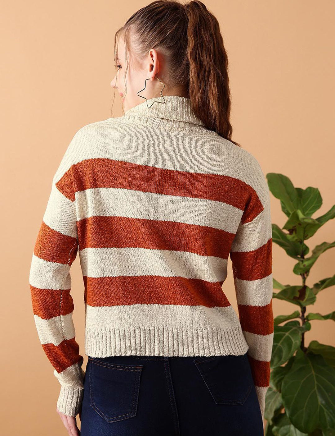 Kotty Women Cotton Striped Turtle Neck Long Sleeves Pullover Sweaters