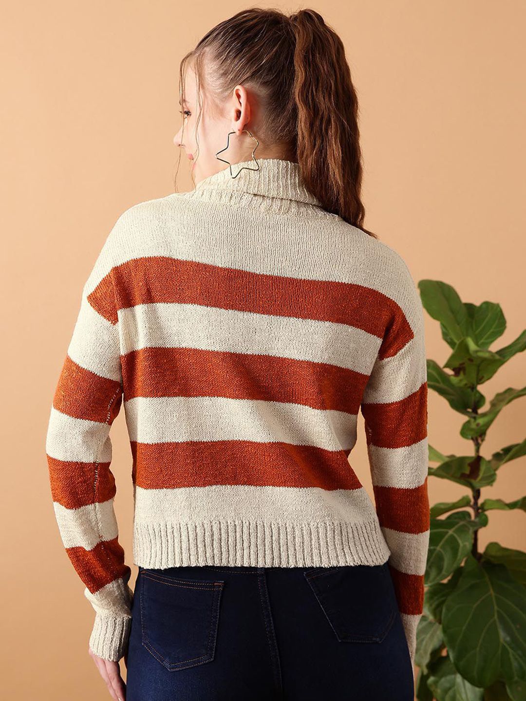 Kotty Women Cotton Striped Turtle Neck Long Sleeves Pullover Sweaters