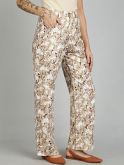 Kotty Women Printed Straight Fit High-Rise Cotton Trousers