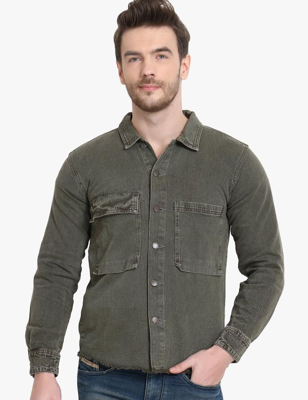Kotty Men Olive Green Solid Denim Jacket