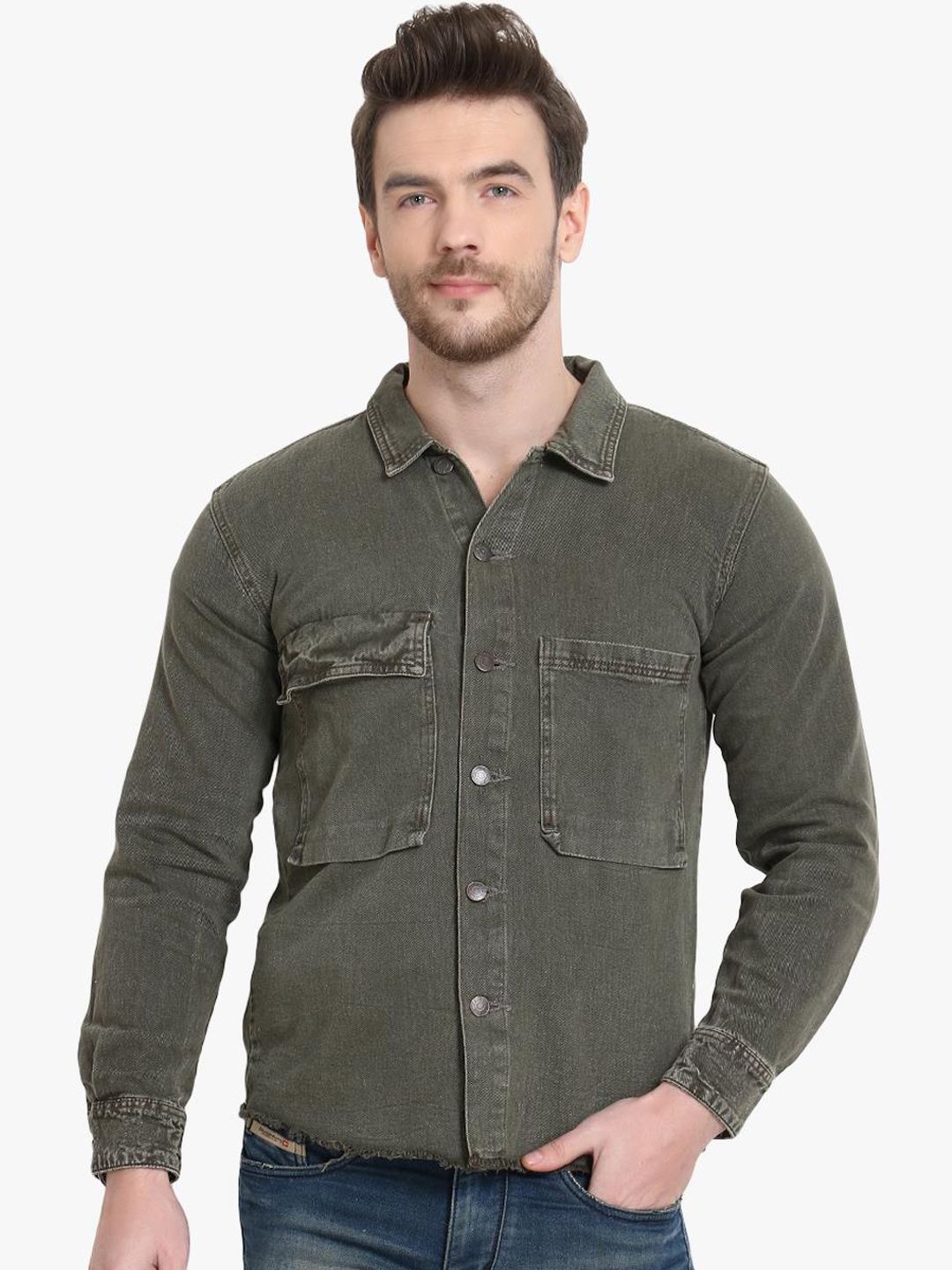 Kotty Men Olive Green Solid Denim Jacket