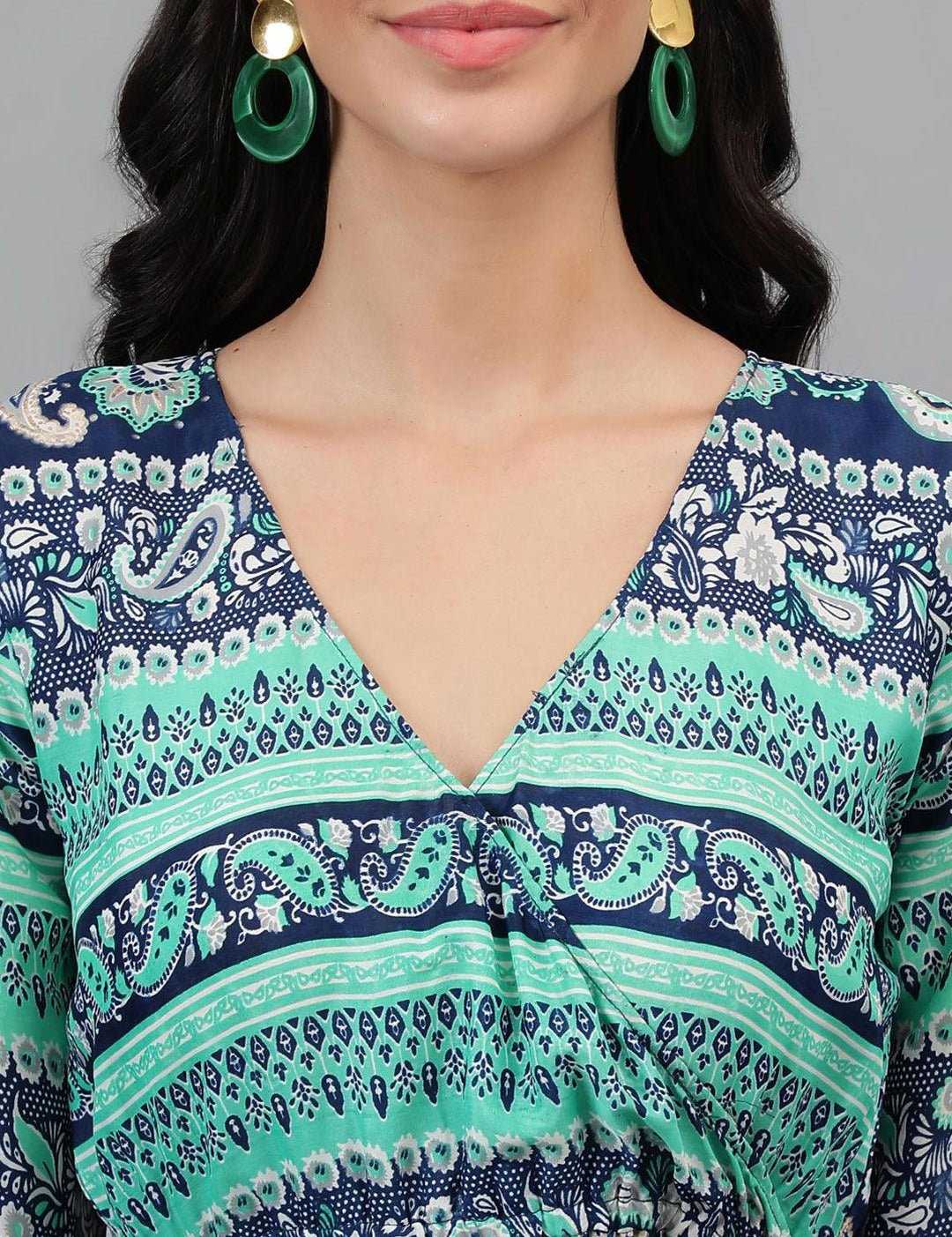 Kotty Blue & Green Ethnic Motifs Printed Wrap Maxi Dress
