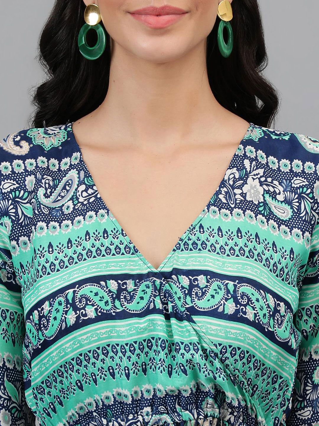 Kotty Blue & Green Ethnic Motifs Printed Wrap Maxi Dress