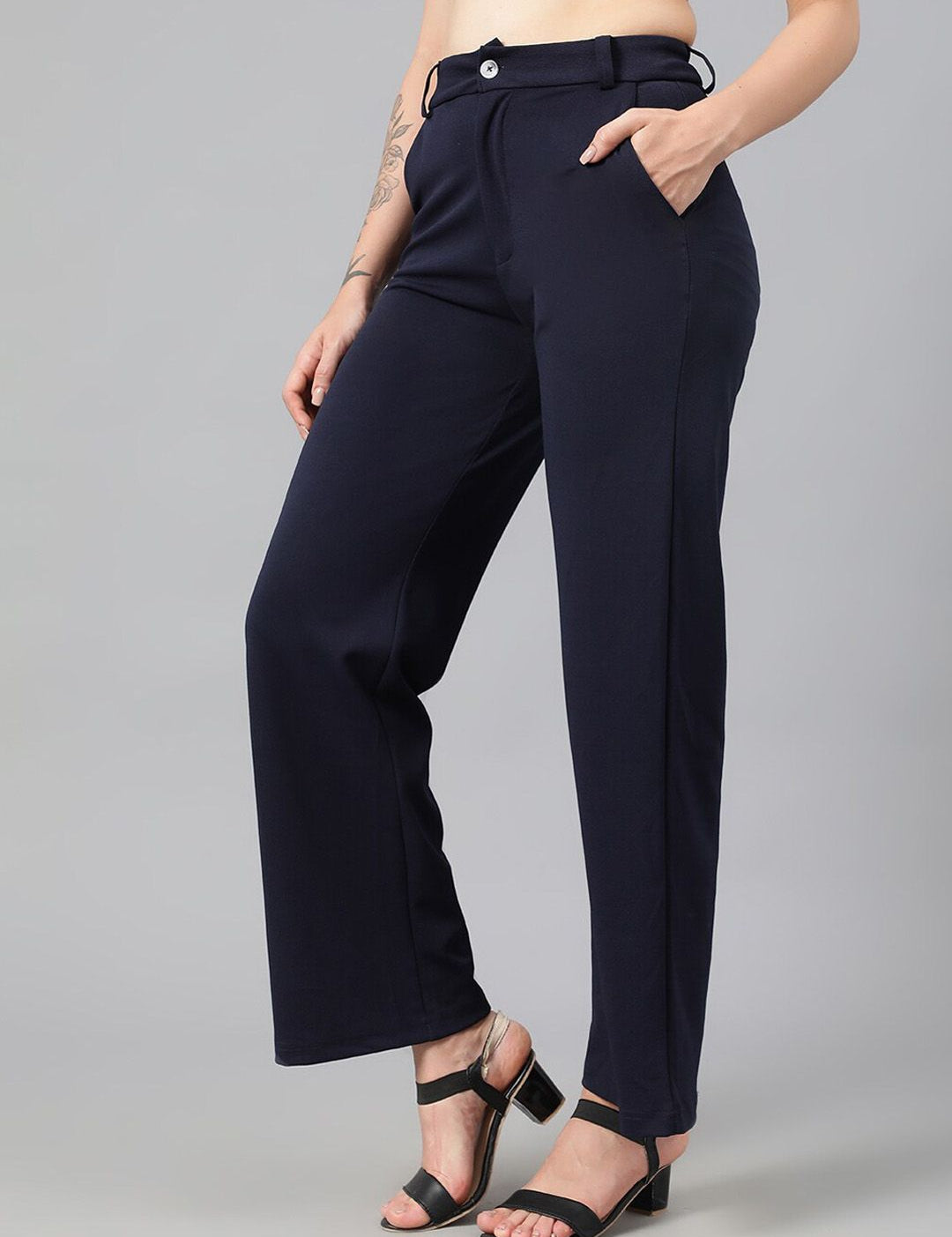 KOTTY BIZwear Women Navy Blue Relaxed Straight Leg Fit High-Rise Easy Wash Parallel Trousers