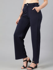 KOTTY BIZwear Women Navy Blue Relaxed Straight Leg Fit High-Rise Easy Wash Parallel Trousers