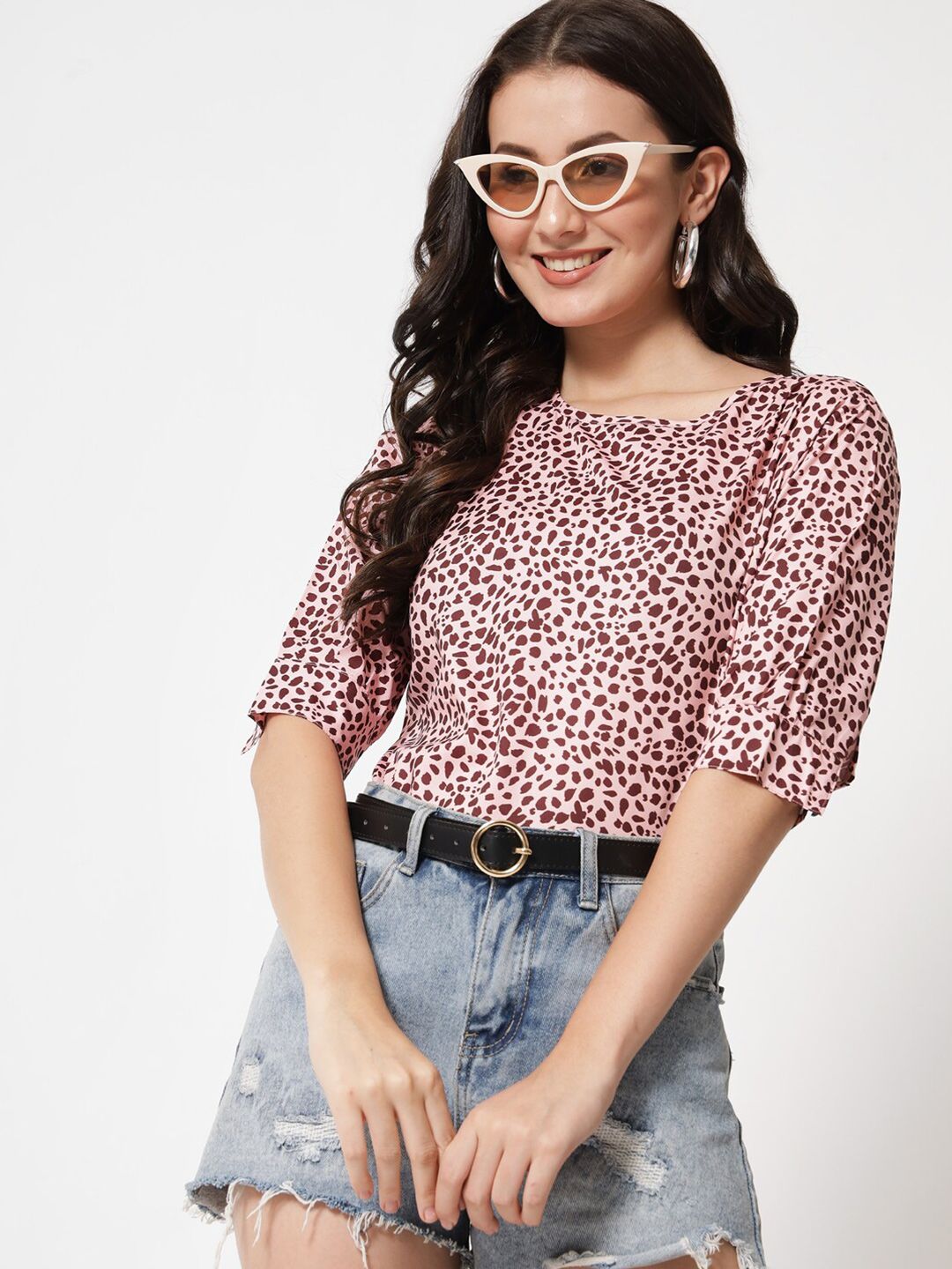 Kotty Round Neck Animal Printed Cuffed Sleeves Top