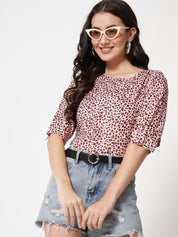 Kotty Round Neck Animal Printed Cuffed Sleeves Top