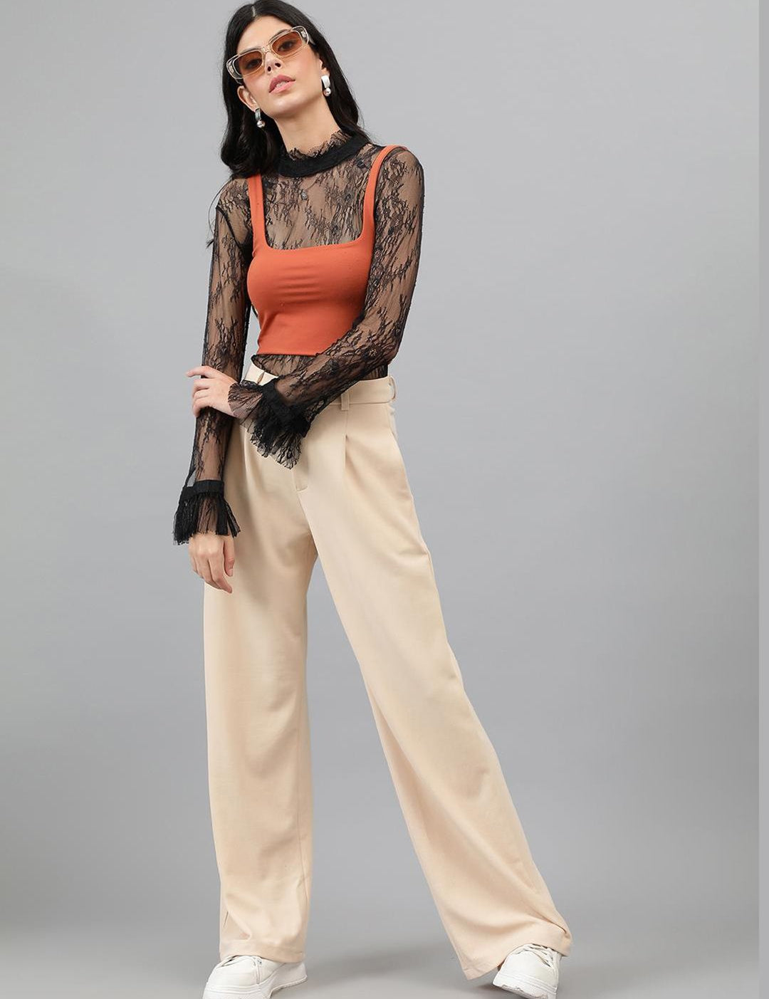 Kotty Women Beige Relaxed Straight Leg High-Rise Easy Wash Pleated Parallel Trousers