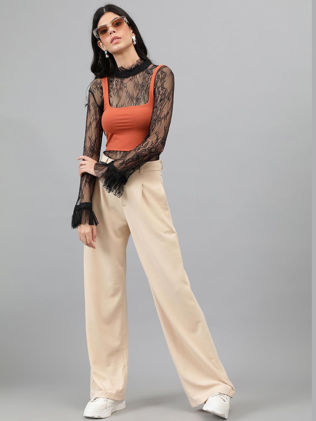 Kotty Women Beige Relaxed Straight Leg High-Rise Easy Wash Pleated Parallel Trousers
