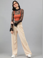 Kotty Women Beige Relaxed Straight Leg High-Rise Easy Wash Pleated Parallel Trousers