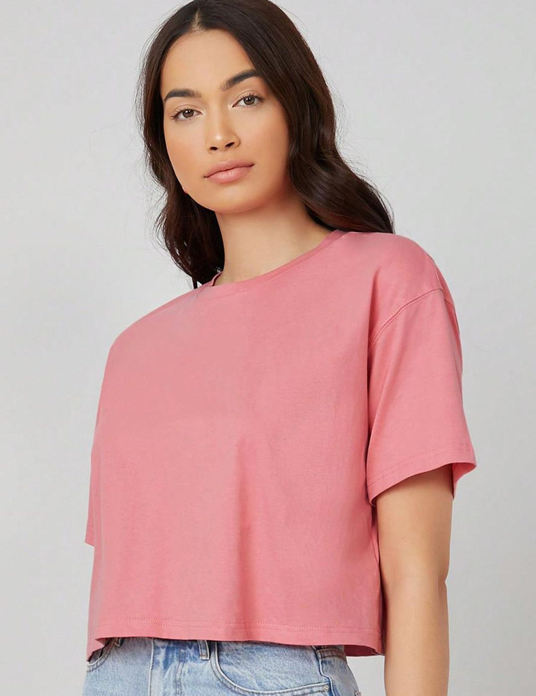 KOTTY Basics Pink Round Neck Drop-Shoulder Sleeves Crop Oversized T-shirt