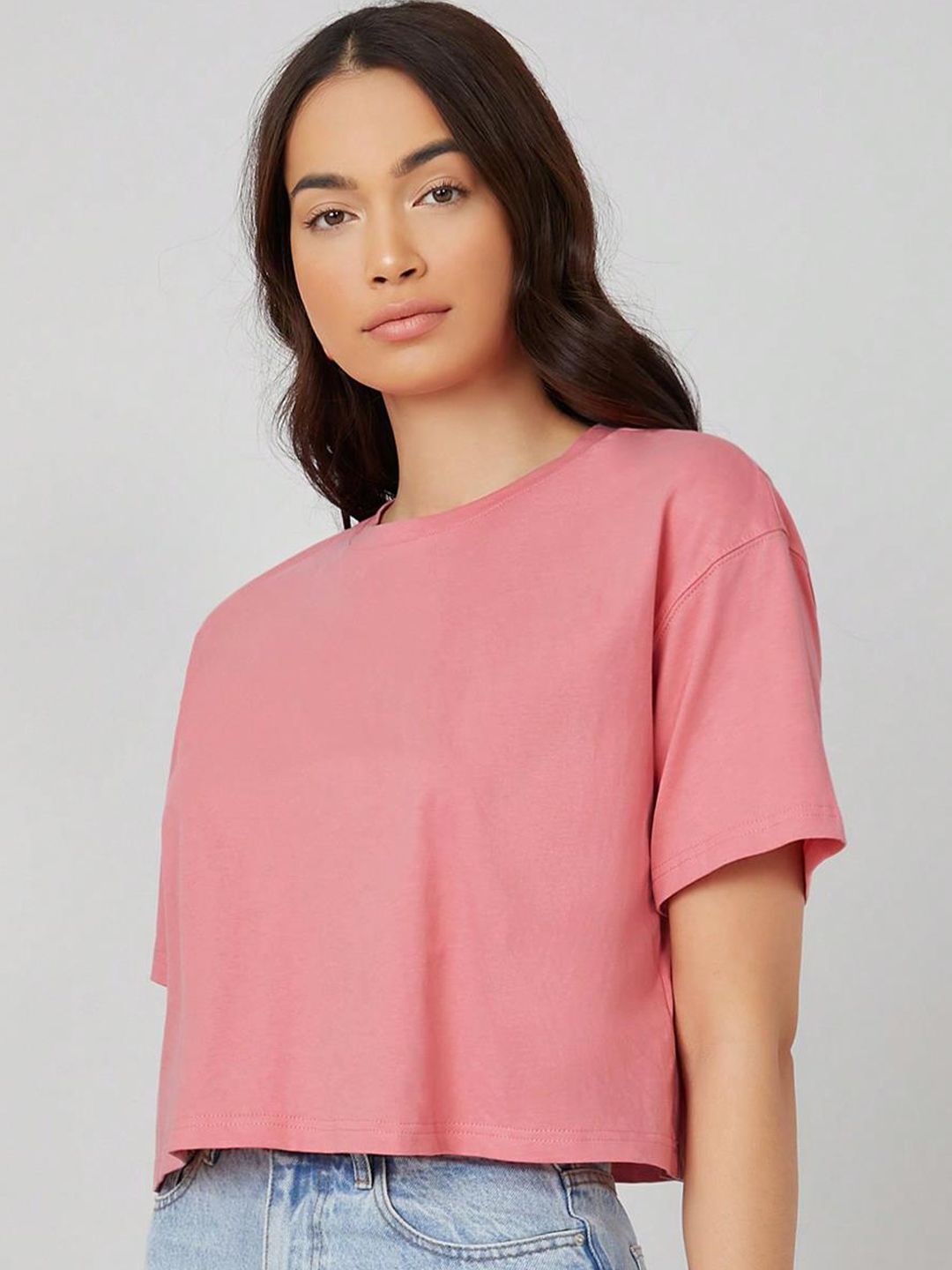 KOTTY Basics Pink Round Neck Drop-Shoulder Sleeves Crop Oversized T-shirt