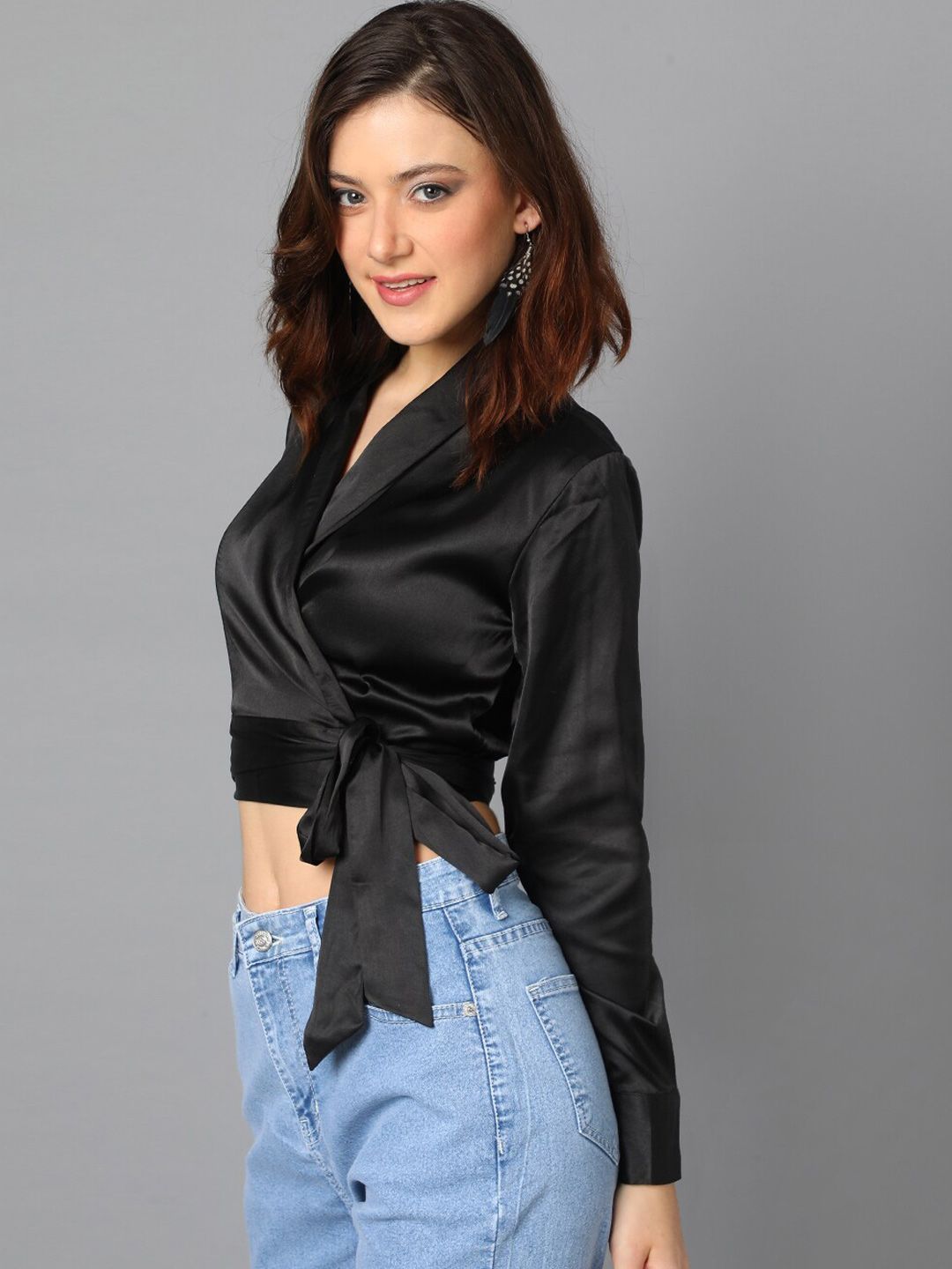 Kotty Black Cuffed Sleeves Satin Wrap Crop Top
