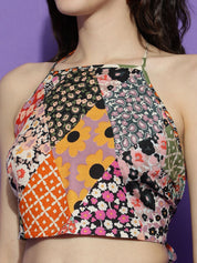 Kotty Pink Floral Printed Halter Neck Sleeveless Crop Top & Palazzo 