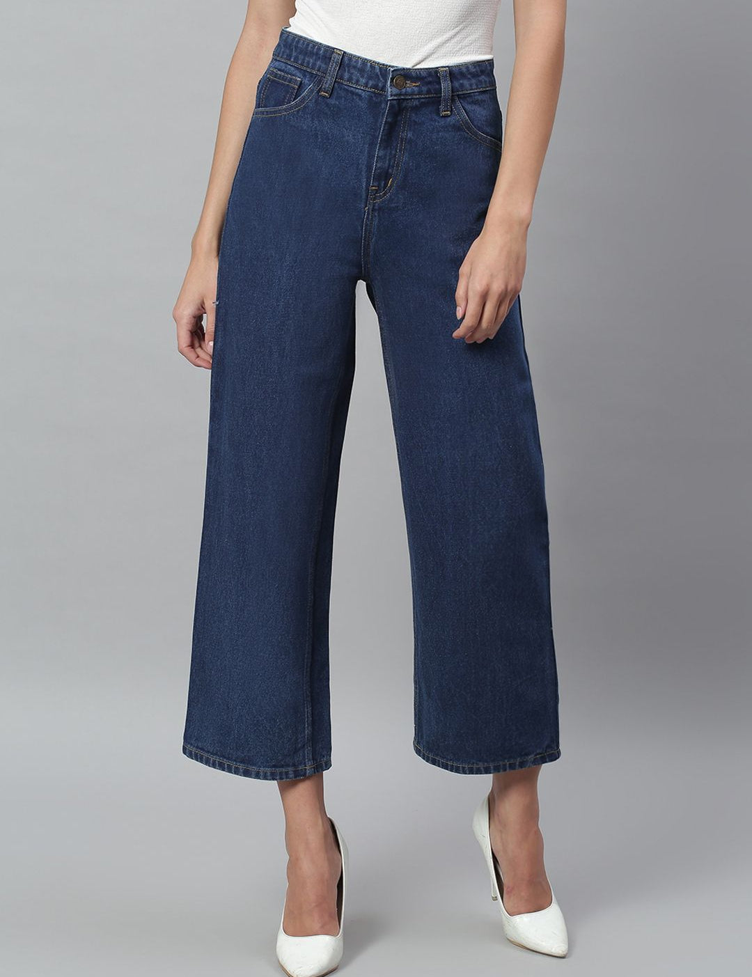 Kotty Women Blue Solid Cotton High Rise Crop Flared Jeans