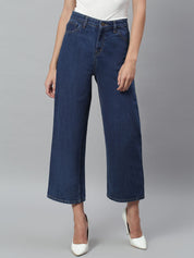 Kotty Women Blue Solid Cotton High Rise Crop Flared Jeans