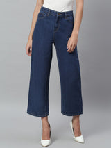 Kotty Women Blue Solid Cotton High Rise Crop Flared Jeans