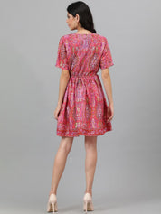 Kotty Orange And Pink Ethnic Printed V-Neck Blouson Dress