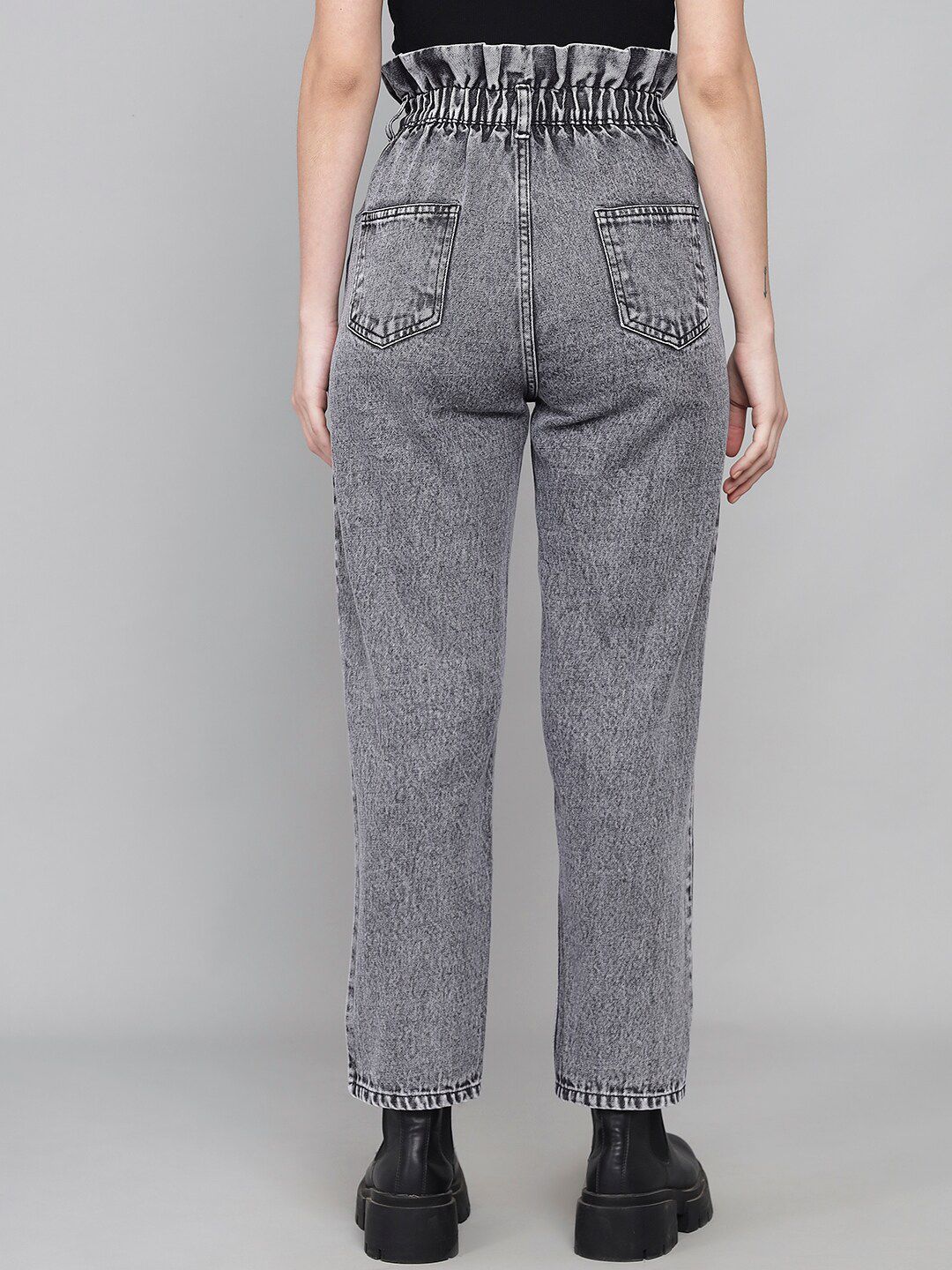 Kotty Women Charcoal Jean Boyfriend Fit High-Rise Heavy Fade Pure Cotton Jeans