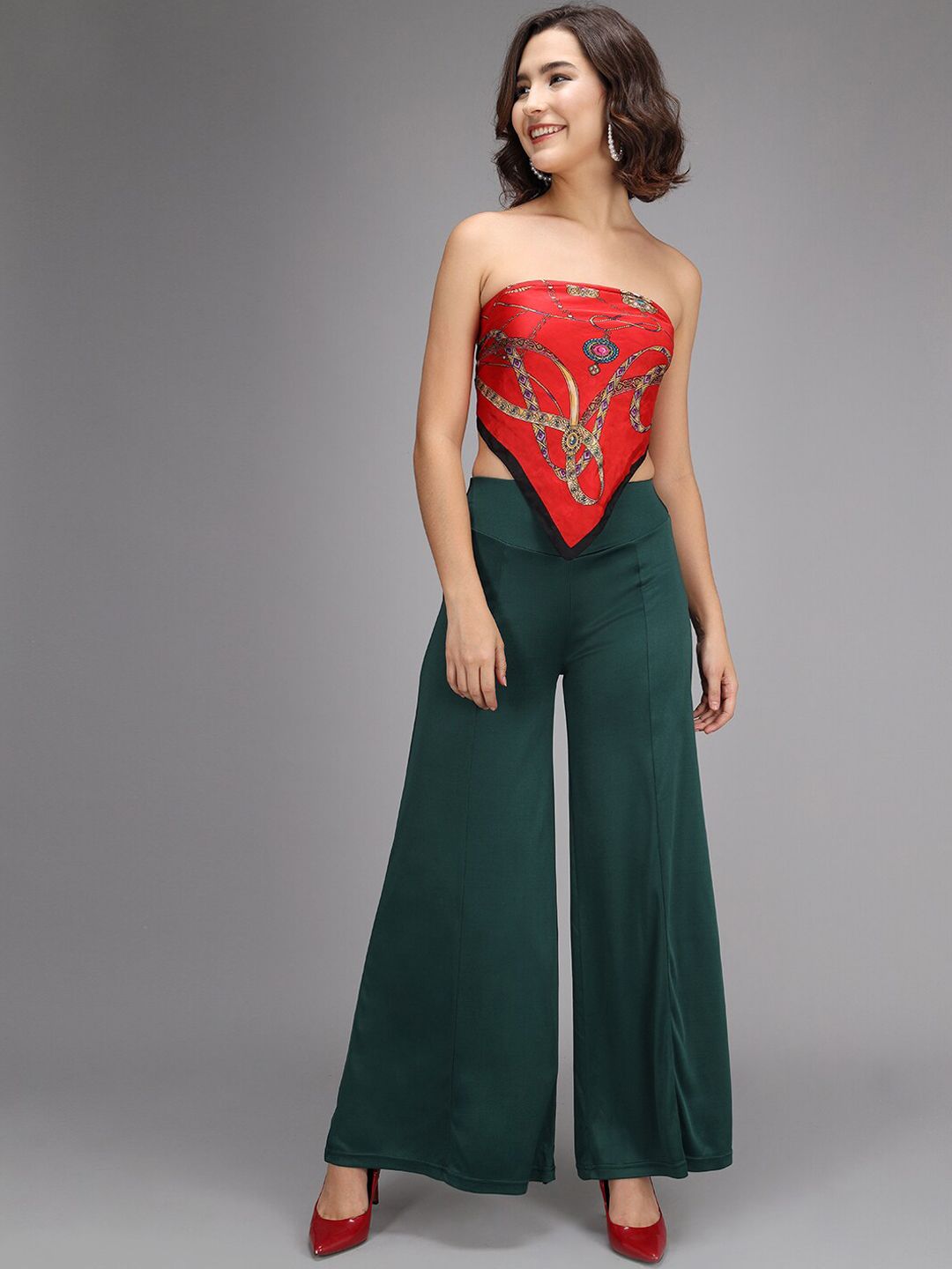 Kotty Women Olive Green Flared High-Rise Parallel Trousers