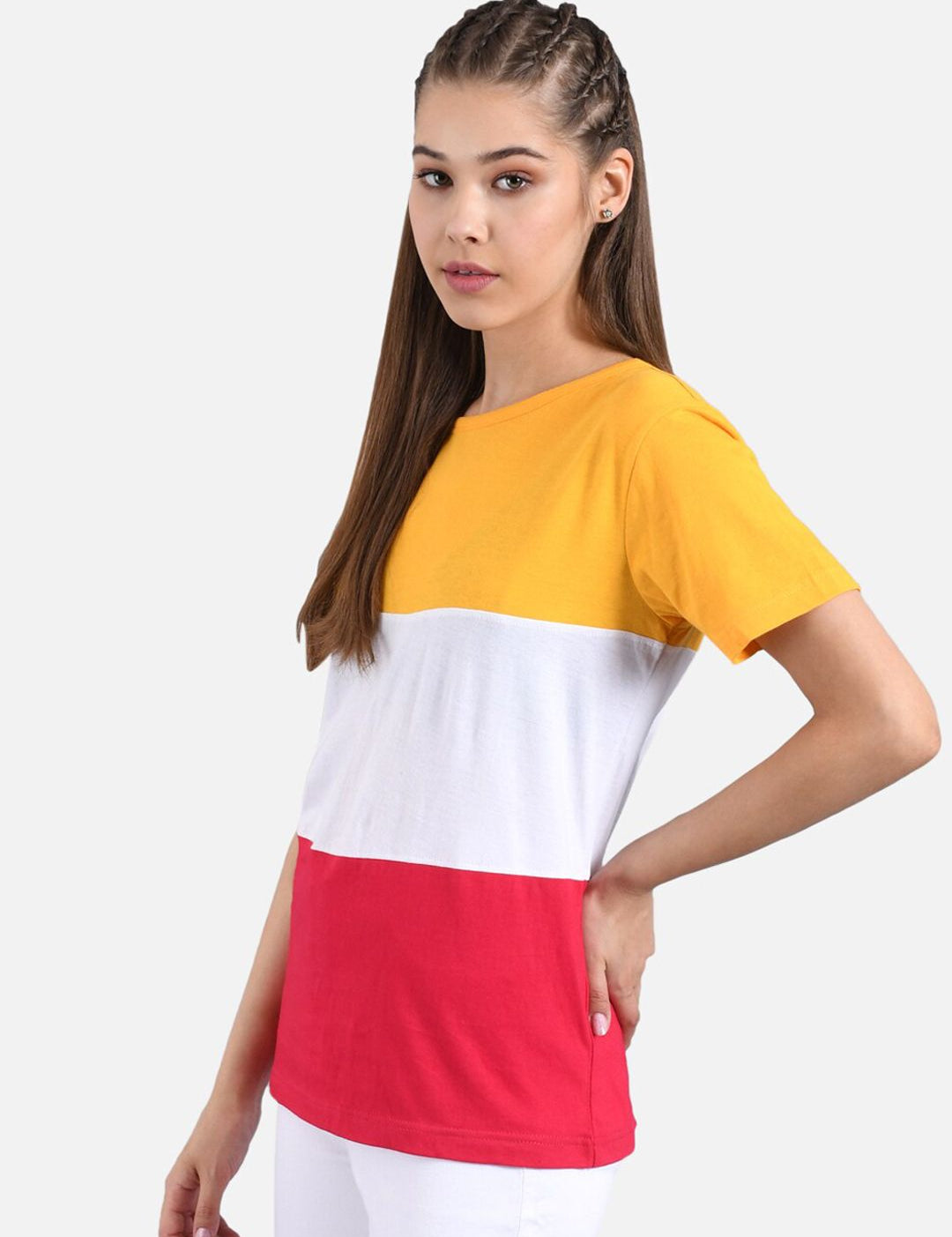 Kotty Yellow Colourblocked Round Neck Regular Fit Cotton Casual T-Shirt