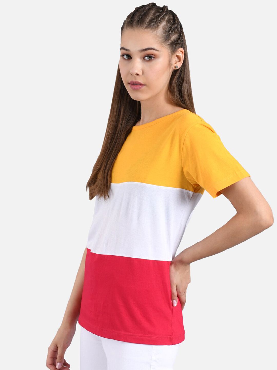 Kotty Yellow Colourblocked Round Neck Regular Fit Cotton Casual T-Shirt