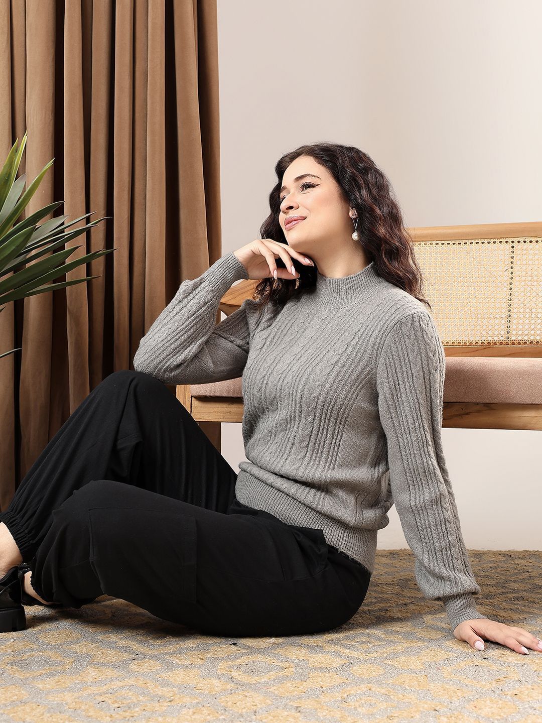 Kotty Women High Neck Cable Knit Pullover Sweater