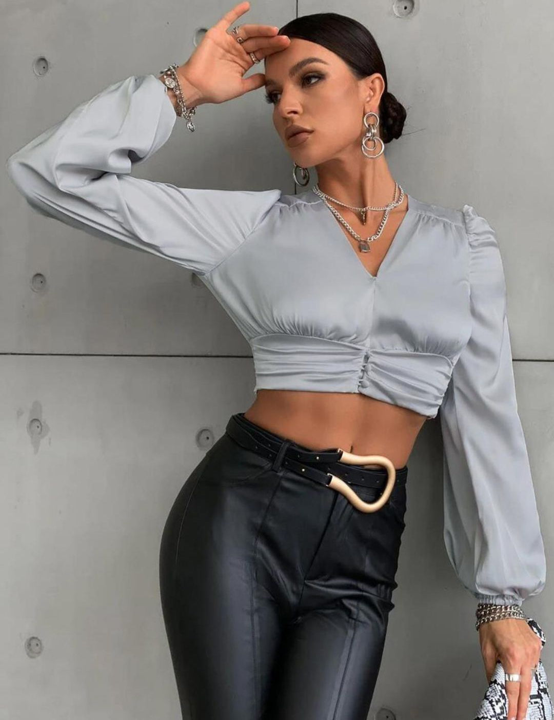 Kotty Grey Tie-Up Neck Satin Crop Top