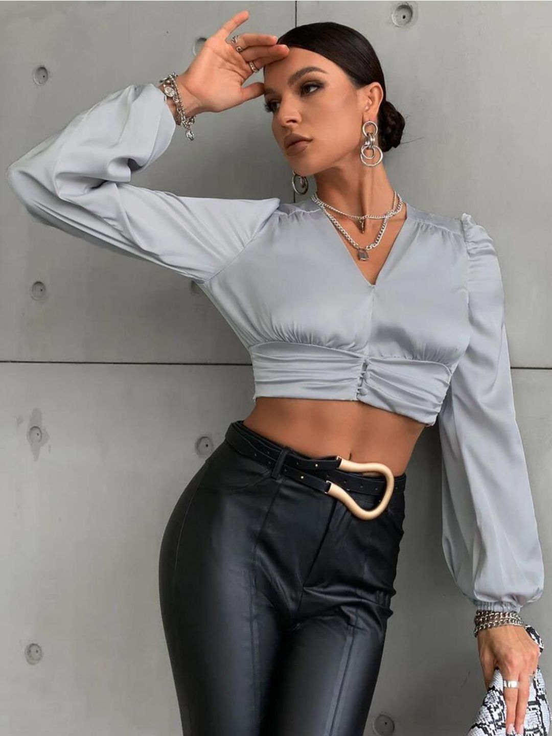 Kotty Grey Tie-Up Neck Satin Crop Top