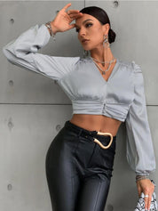 Kotty Grey Tie-Up Neck Satin Crop Top