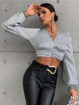 Kotty Grey Tie-Up Neck Satin Crop Top