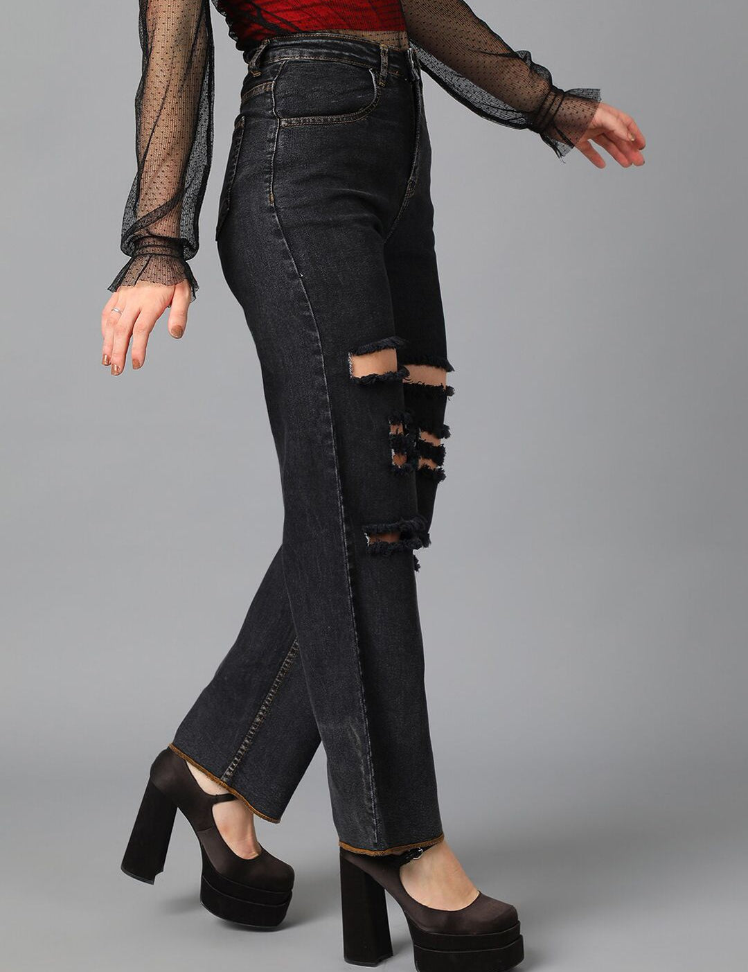 Kotty Black Women Jean Straight Fit High-Rise Mildly Distressed Stretchable Jeans