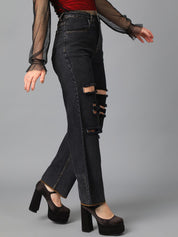 Kotty Black Women Jean Straight Fit High-Rise Mildly Distressed Stretchable Jeans