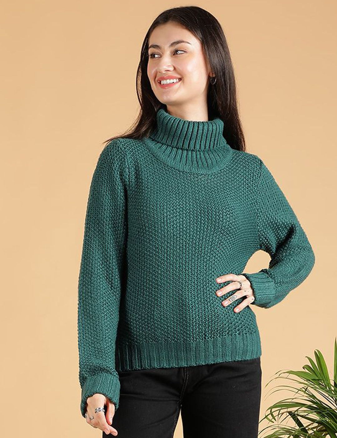 Kotty Women Turtle Neck Ribbed Pullover Sweater