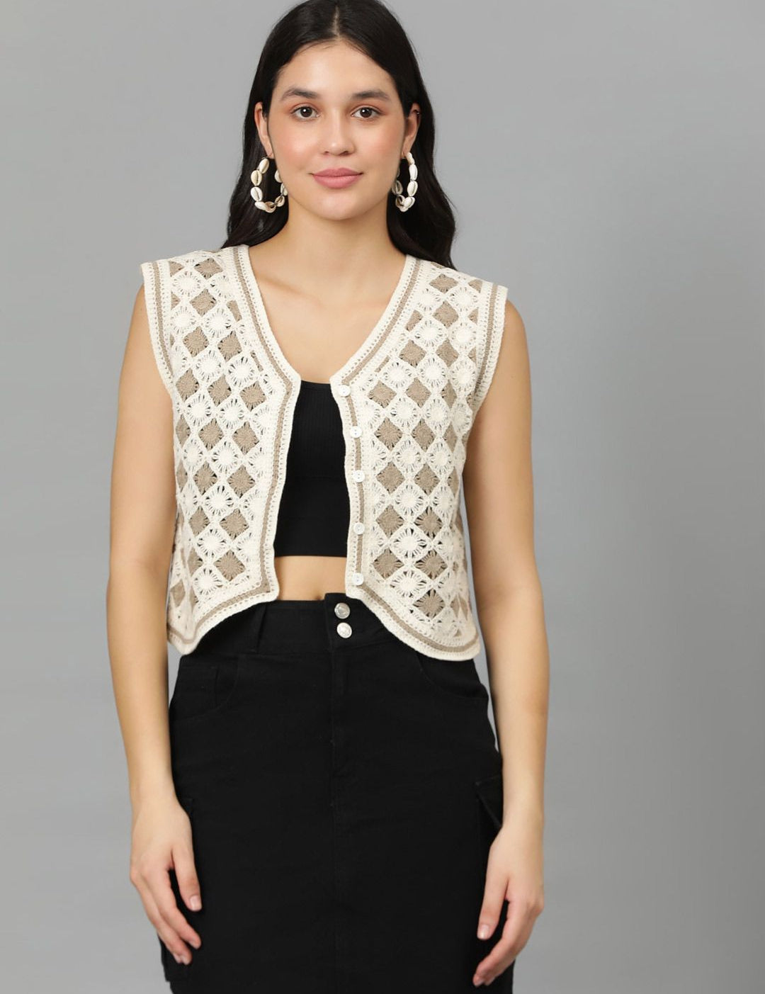 Kotty Geometric Self Design Crochet V-Neck High-Low Crop Top