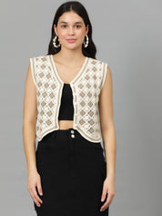 Kotty Geometric Self Design Crochet V-Neck High-Low Crop Top
