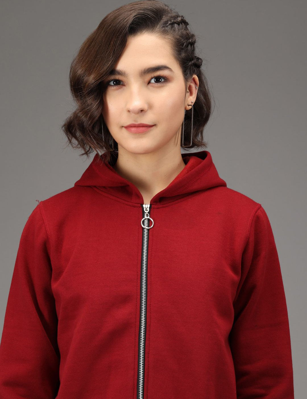 Kotty Women Maroon Solid Fleece Hooded Front-Open Crop Sweatshirt