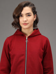 Kotty Women Maroon Solid Fleece Hooded Front-Open Crop Sweatshirt